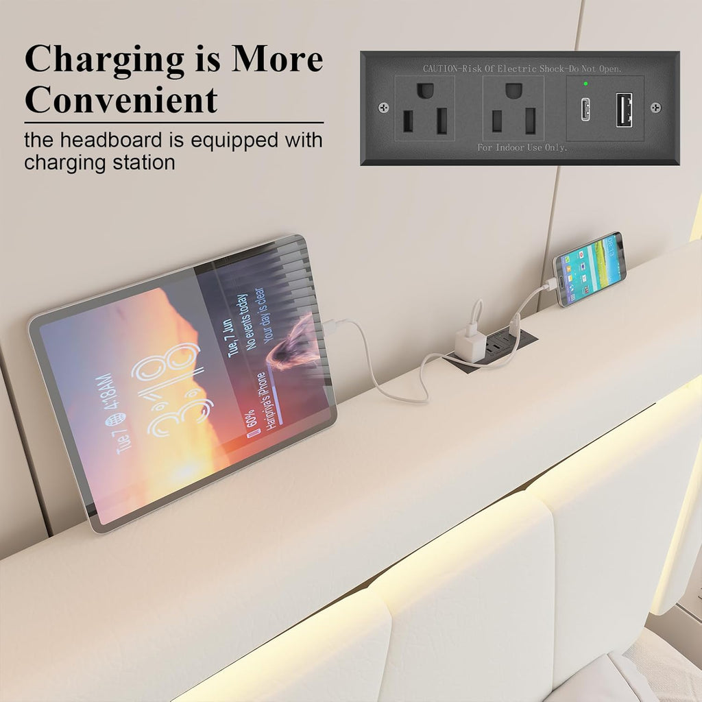 Full Upholstered Platform Bed Frame With 4 Storage Drawers, LED Lights, Adjustable Headboard And Charging Station - White