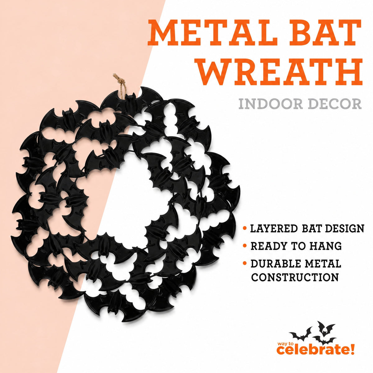 Metal Bat Wreath, Black, 21.5", Halloween by Way To Celebrate