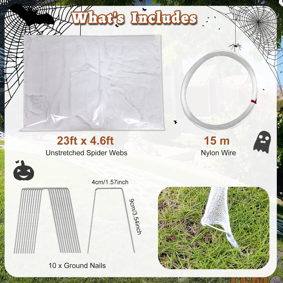 Yalumo 850 Sqft Spider Web Giant Beef Netting Halloween Decorations, 23 x 4.6Ft Pre-Cut Gauze Stretchy Spider Webs Glow Under Blacklight