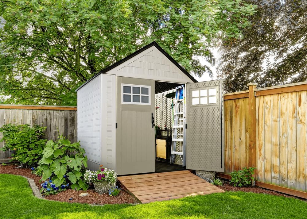 Rubbermaid Resin Outdoor Storage Shed With Floor, 7 x 7 Ft, Gray