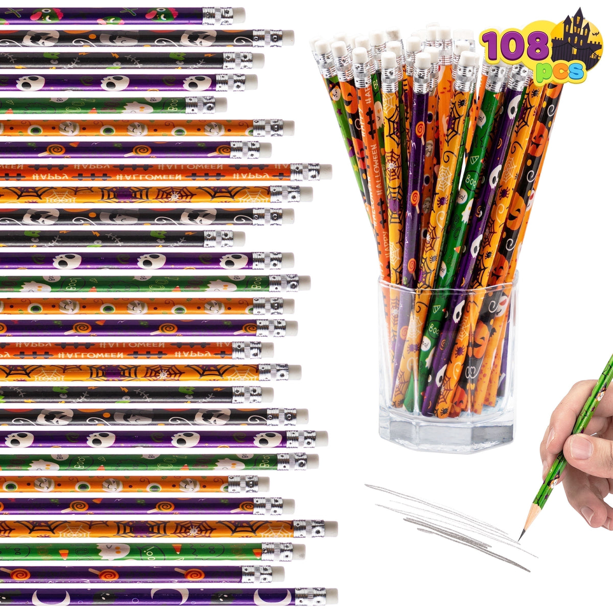 Joyfy 48 Pcs Halloween Pencils Bulk with Eraser for Kids, Colorful Pencils Stationery Pencil Set, Halloween Favors Prizes for Kids, Halloween Bulk Toys