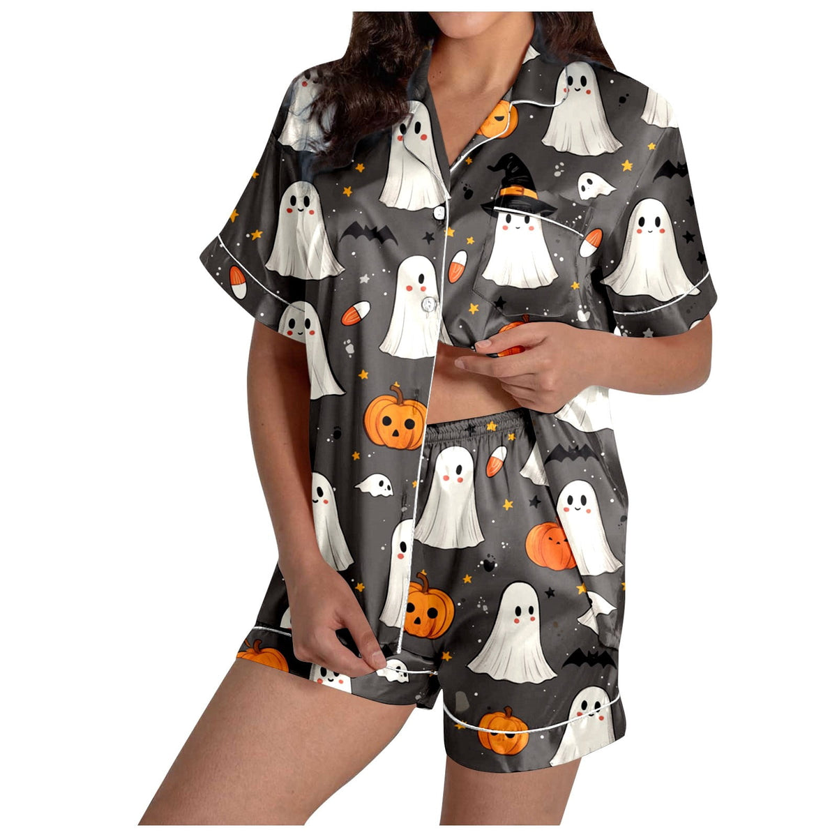 MEZZALL Women Halloween Printed Pajama With Lapel Collar Short Sleeve Tops And Shorts For Home Wear Cozy For Lightweight And Breathable Comfort Relaxed Fit 2 Piece Pjs