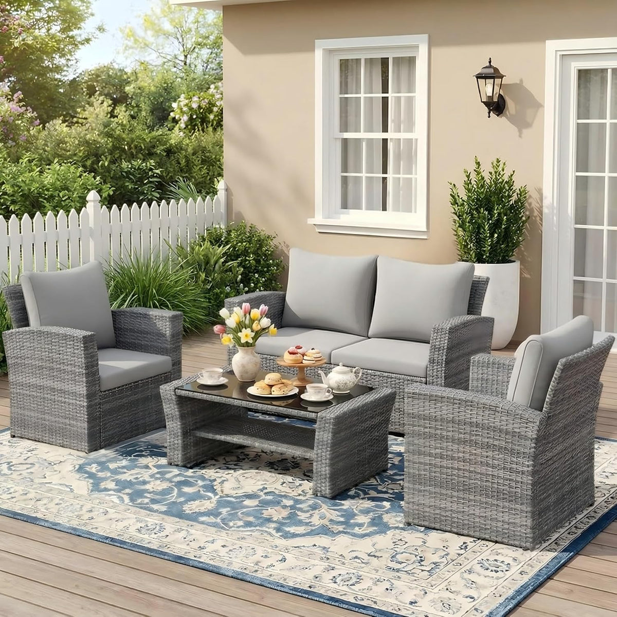 Wisteria Lane 4-Piece Wicker Patio Conversation Set With Cushions And Glass Table - Ash Gray