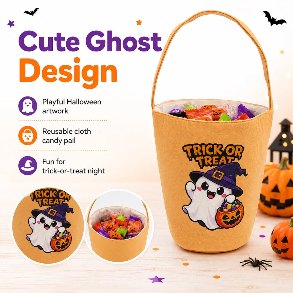 MetMetalrt Trick or Treat Bucket – Orange Cute Ghost Candy Buckets & Tote Bags for Halloween Party Decoration