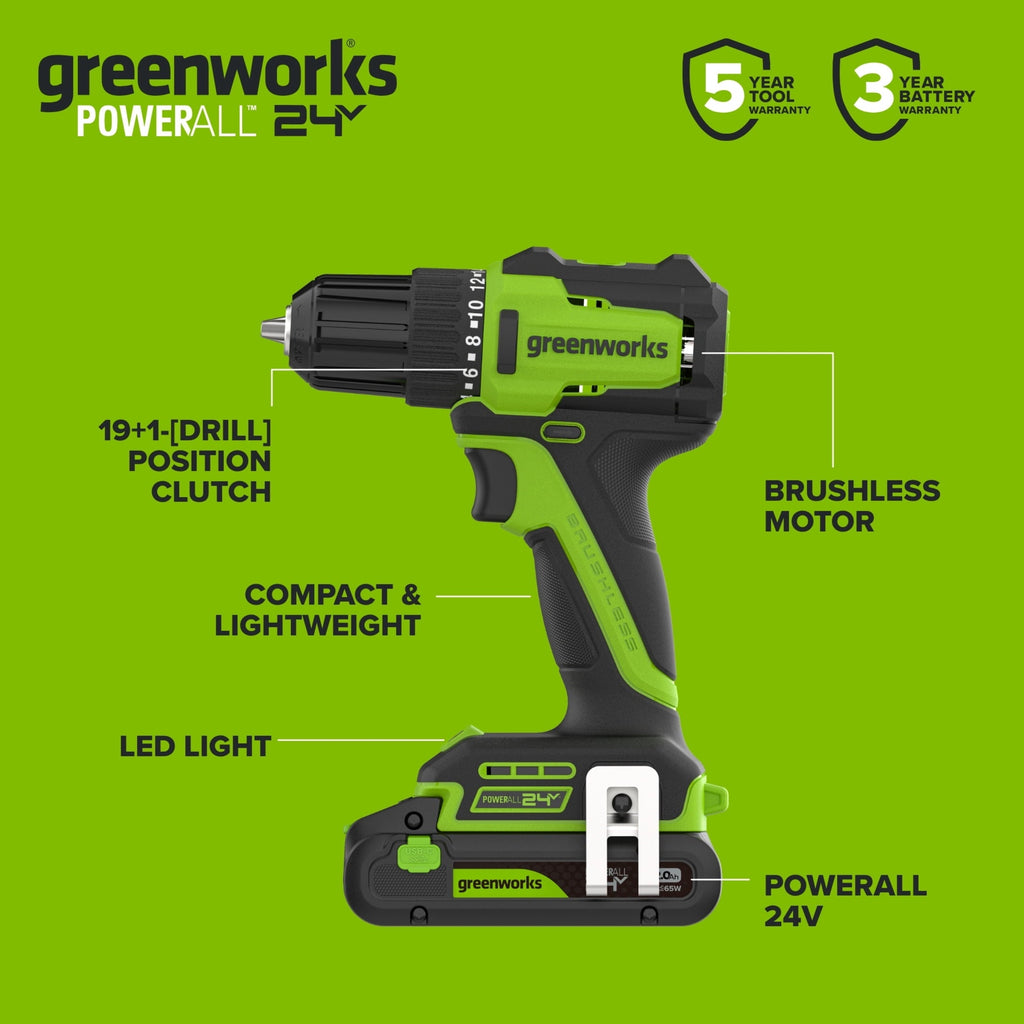 Greenworks PowerAll 24V 3/8" 280 in-lb Drill and 60 Piece Hand Tool/Accessories Project Kit, with 2.0 Ah USB-C Battery, 30W USB-C Charger Block