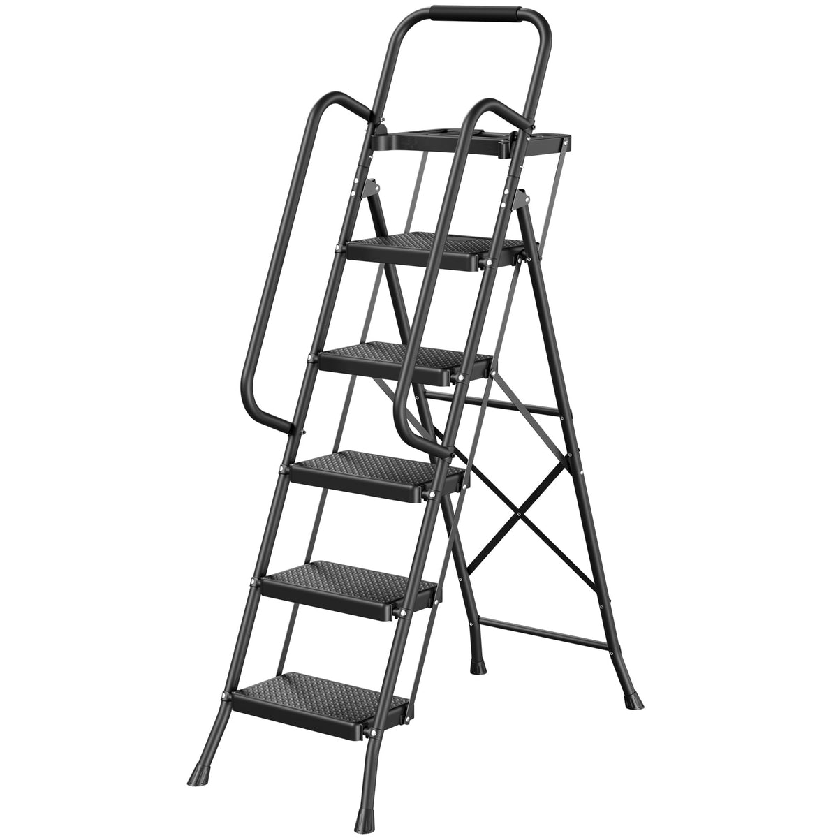 JOZ 5-Step Ladder, 800lbs Portable Folding Ladders for Home, with Handrails and Tool Tray and Anti-Slip Pedal, Black
