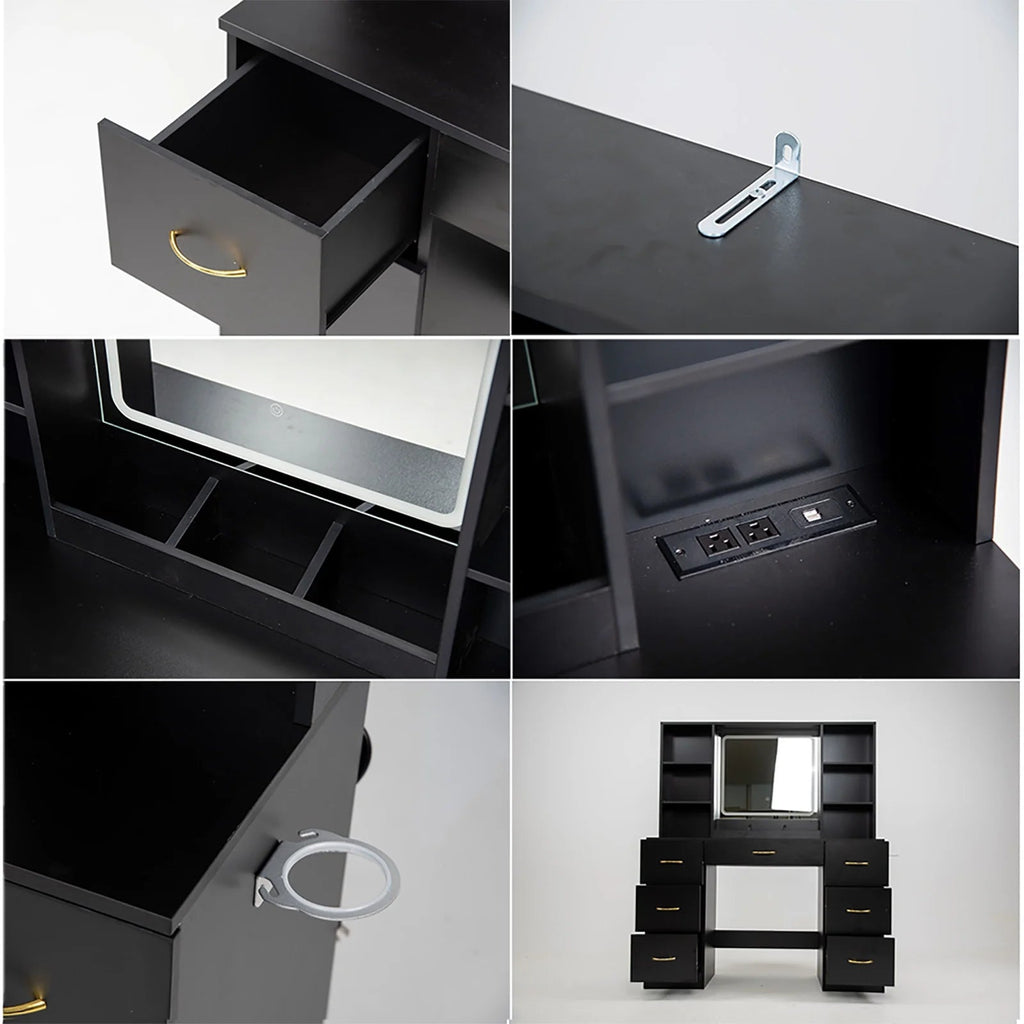 ChVans 47in Vanity Desk Set With LED Lighted Mirror, 7 Drawers, 6 Shelves, Cushioned Storage Stool - Black