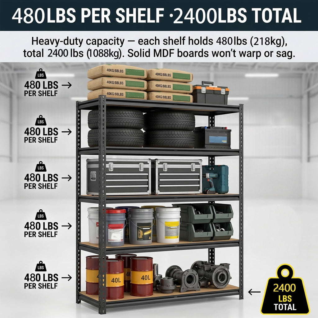 Nnovaroom Heavy Duty Garage Shelving Unit, Adjustable Metal Storage Shelves, 2400Lbs,5-Tier Boltless Shelf Rack for Basement,Pantry 60"H x 27"W x 12"D