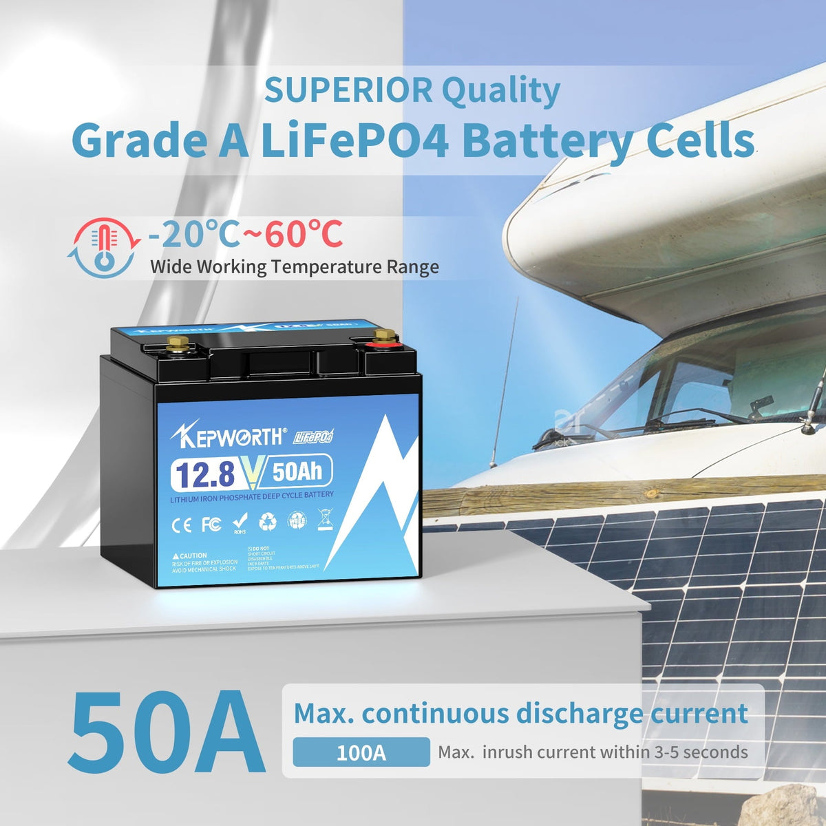 KEPWORTH LiFePO4 Battery 12V 50Ah Lithium Battery, Rechargeable Deep Cycle Lithium Iron Phosphate Batteries, for Trolling Motor, Solar Power, RV