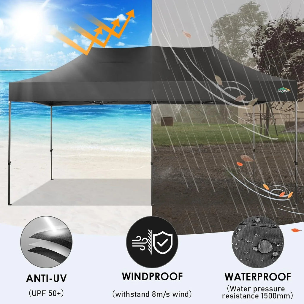 COBIZI 10x20 Heavy Duty Pop-Up Canopy Tent With 6 Sidewalls - Black
