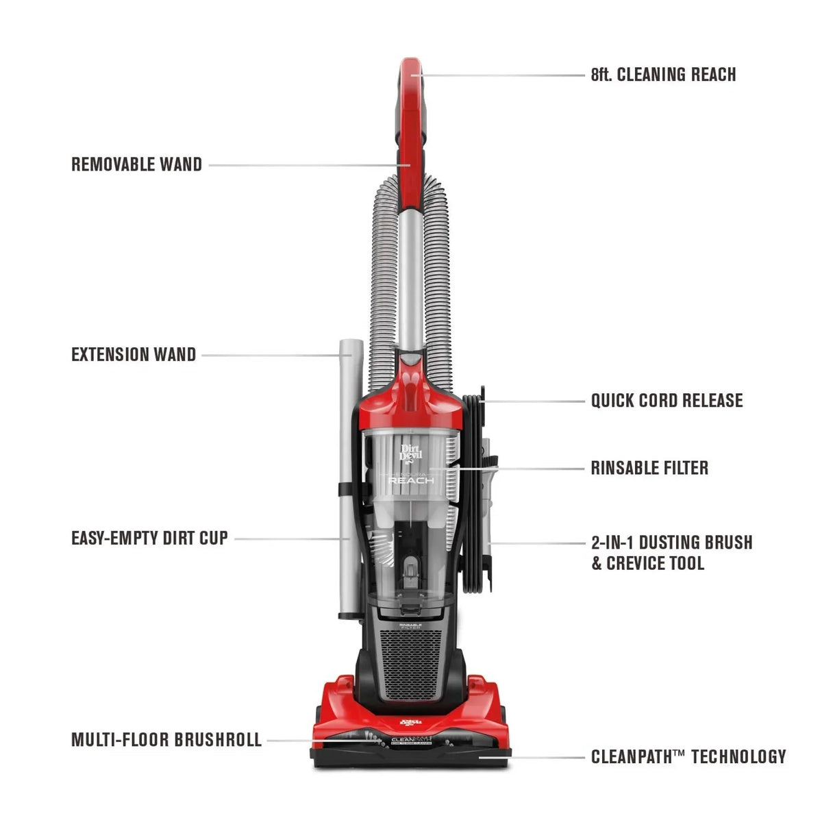 Dirt Devil Endura Reach Upright Bagless Vacuum Cleaner, Corded, Red - UD20124
