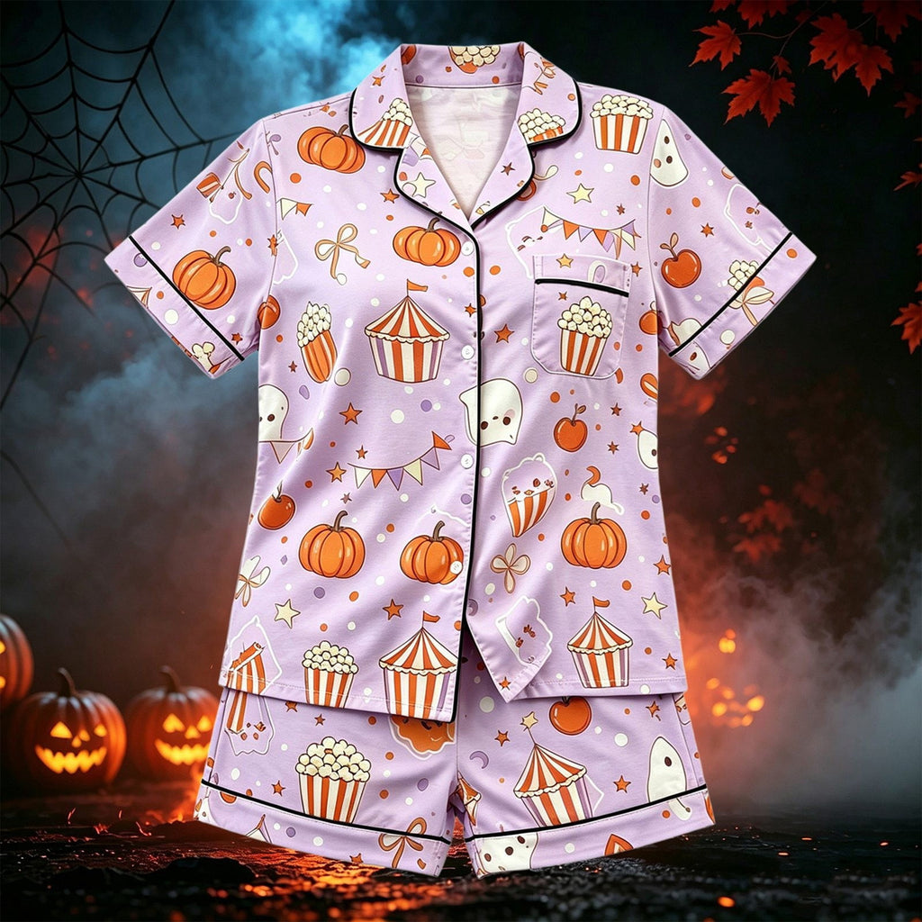 CUZIBR Girls Halloween Pajamas Sets Soft Comfortable Ghost Pumpkin Lapel Button Short Sleeve Shirt Elastic Waist Shorts 2 Pieces Sleep Loungewear Relaxed Sleepwear Outfits, Orange-C