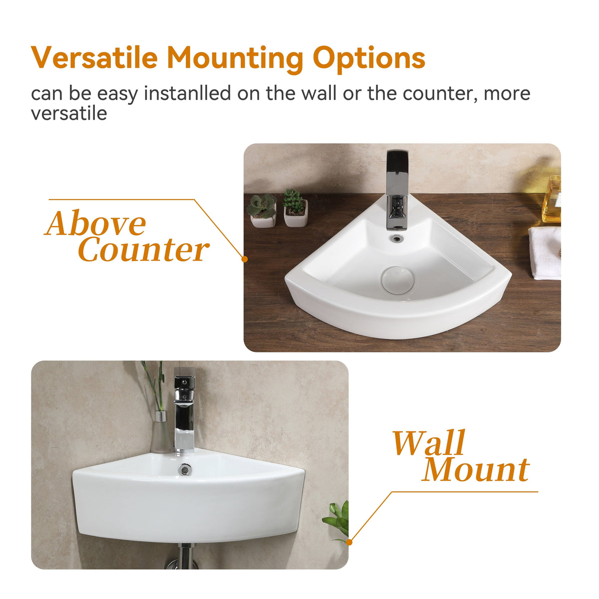 HOROW Sink Ceramic Wall Mount Bathroom Corner Small White 18"