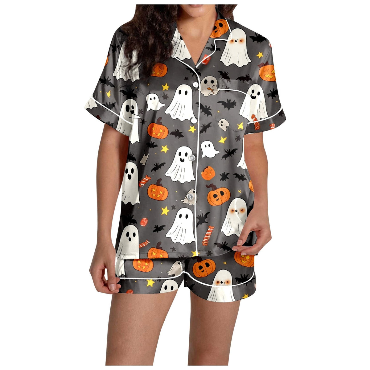 MEZZALL Women Halloween Printed Pajama With Lapel Collar Short Sleeve Tops And Shorts For Home Wear Cozy For Lightweight And Breathable Comfort Relaxed Fit 2 Piece Pjs