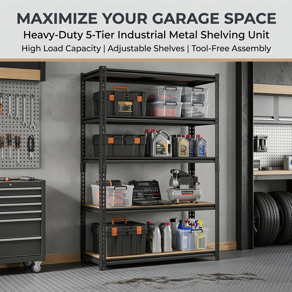 Nnovaroom Heavy Duty Garage Shelving Unit, Adjustable Metal Storage Shelves, 2400Lbs,5-Tier Boltless Shelf Rack for Basement,Pantry 60"H x 27"W x 12"D