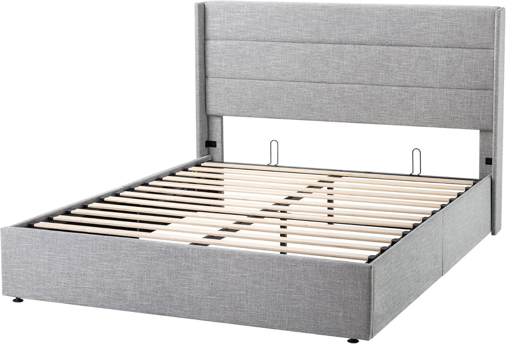 Allewie Queen Lift Up Storage Bed Frame With Wingback Headboard, Light Beige - 80.7 x 60.6 x 44.5 in