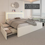 Full Upholstered Platform Bed Frame With 4 Storage Drawers, LED Lights, Adjustable Headboard And Charging Station - White