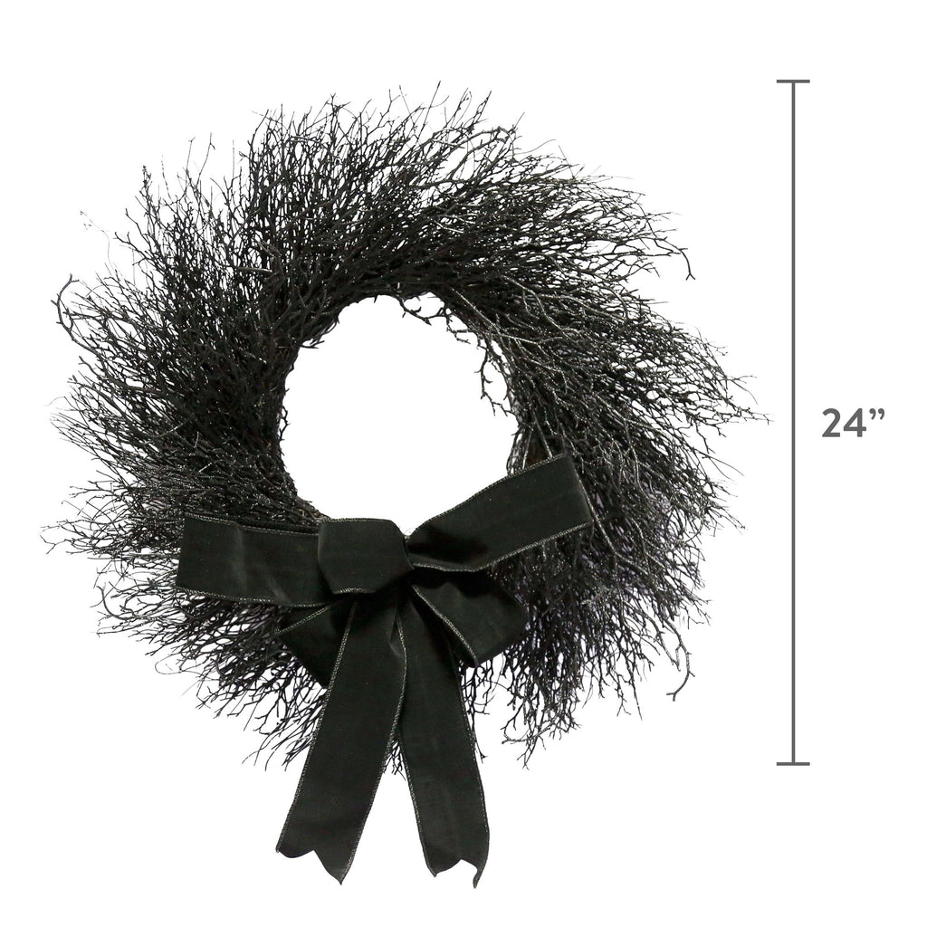 My Texas House Halloween Black Twig Wreath with Bow, 24"