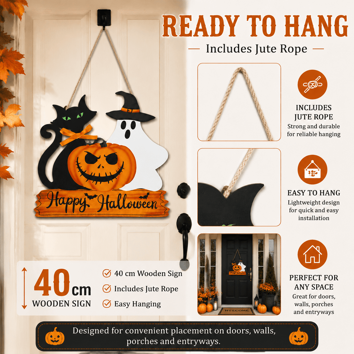 Lethargic Happy Halloween Door Sign Wooden Ghost Pumpkin Black Cat Door Wreath Halloween Hanging Decorations for Porch Wall Supplies, 11.8 x 0.2 in