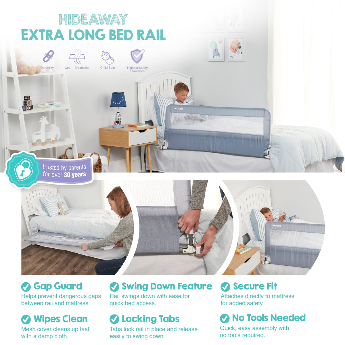 Regalo Extra Long Hideaway Metal Bedrail, Gray Baby/Toddler Safety Bed Rail