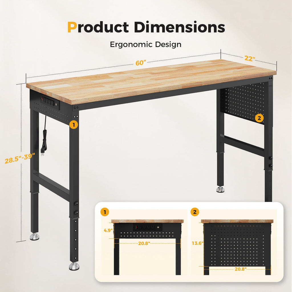 CAMMOO 60" Adjustable Heavy Duty Workbench, 2000 lbs Load Work Table with Pegboard, Power Outlets, Work Bench for Garage, Office, Home