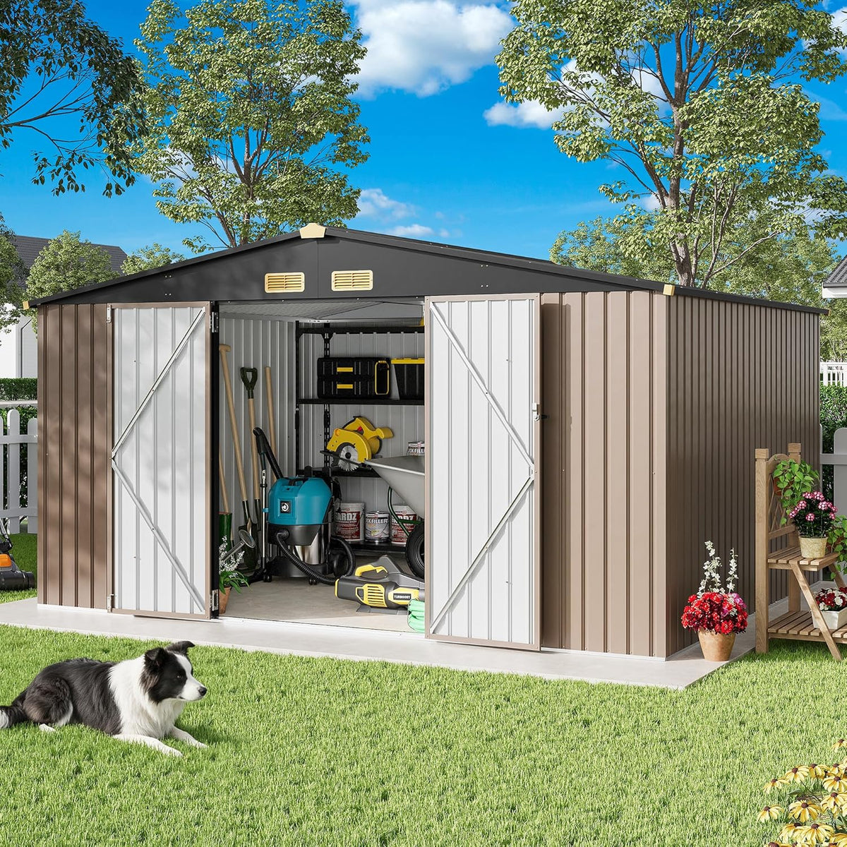 IRONCK Metal Outdoor Storage Shed, 10x12ft, Brown