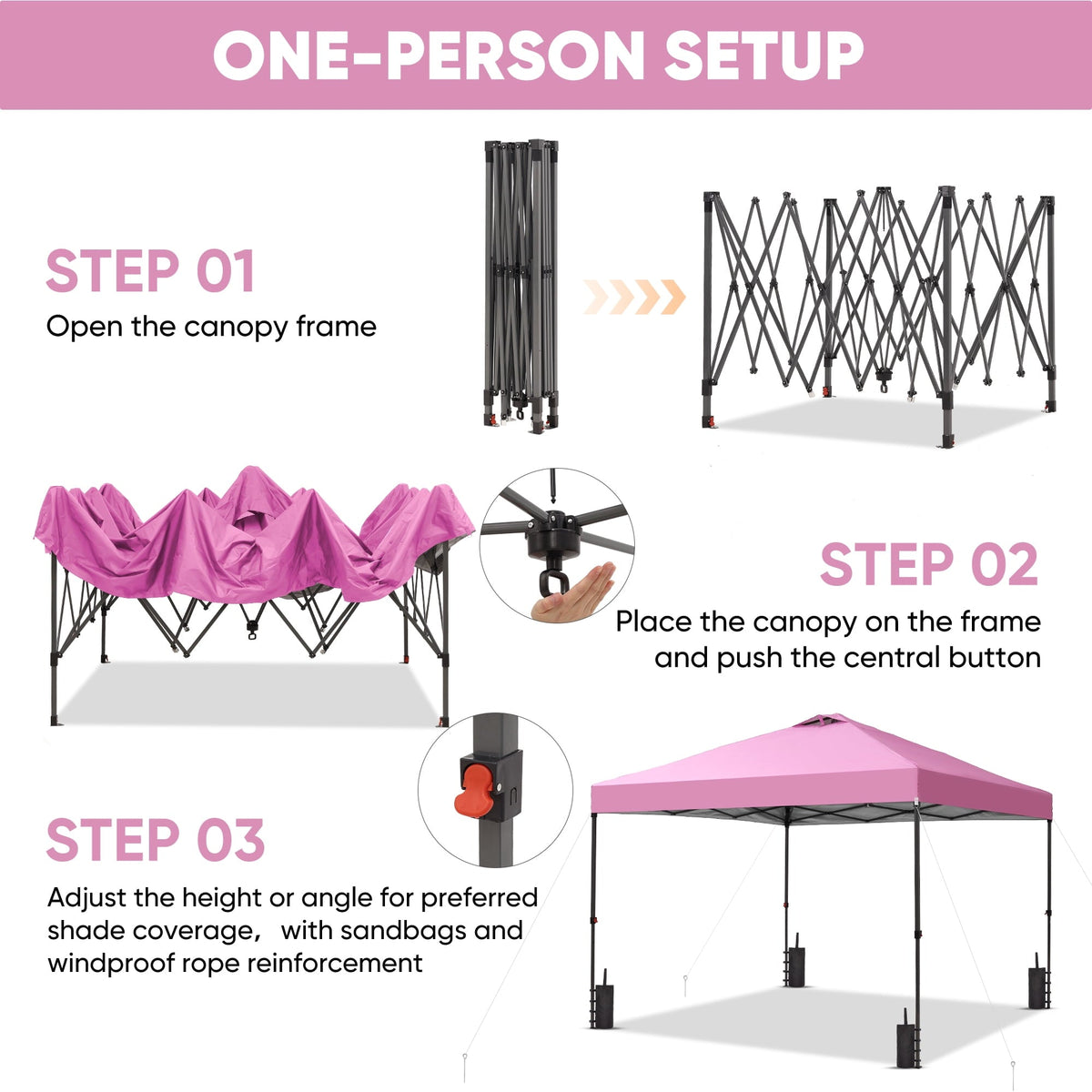 Ainfox 12'x12'Pop Up Canopy Tent Center Lock Windproof UV Shelter Wheeled Bag for Outdoor Events Parties Camping,Pink