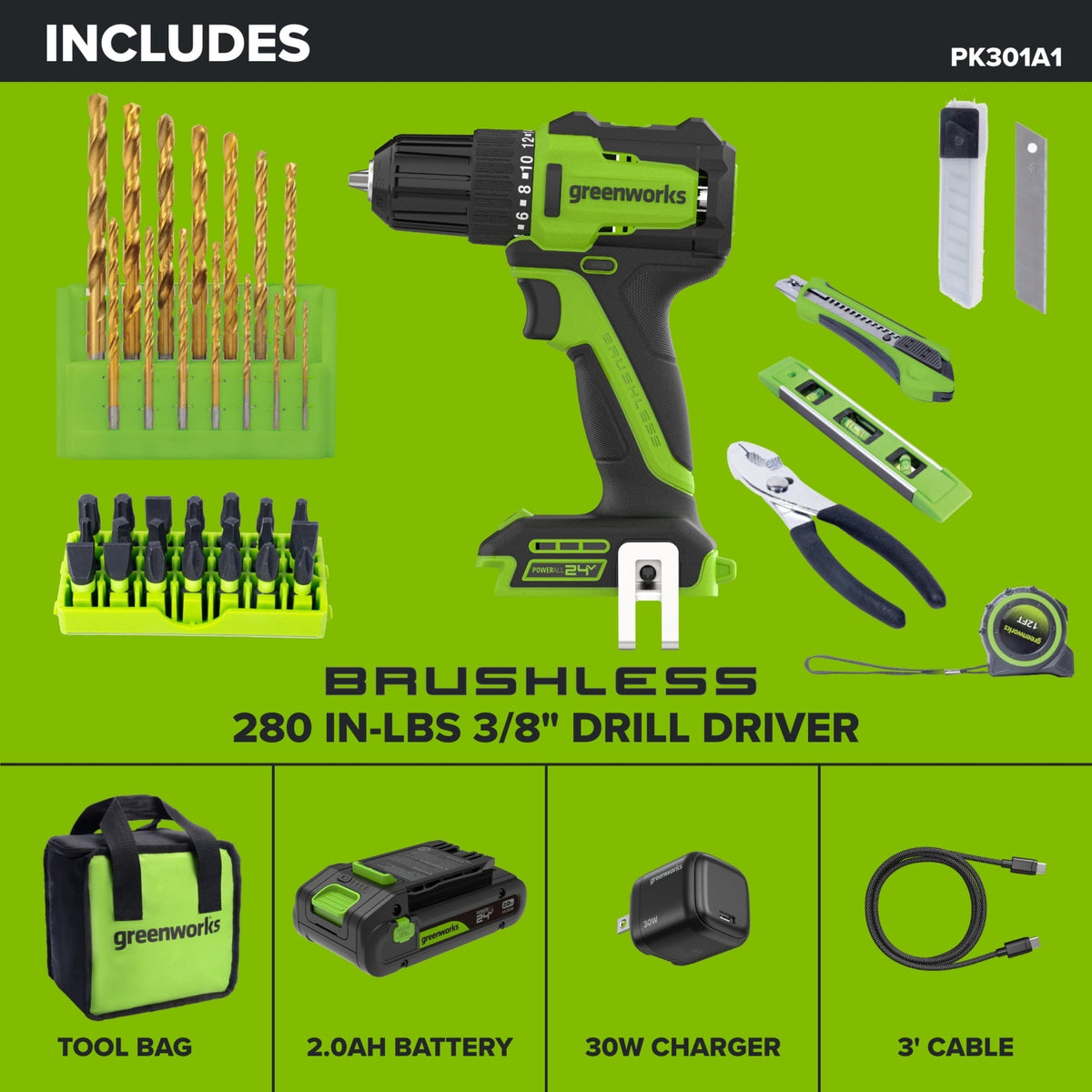 Greenworks PowerAll 24V 3/8" 280 in-lb Drill and 60 Piece Hand Tool/Accessories Project Kit, with 2.0 Ah USB-C Battery, 30W USB-C Charger Block