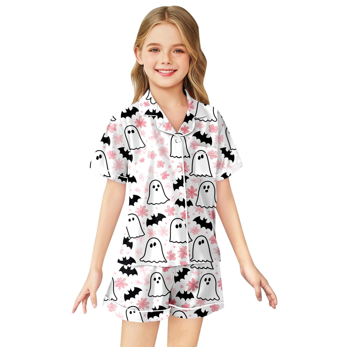 CUZIBR Girls Halloween Pajamas Sets Soft Comfortable Ghost Pumpkin Lapel Button Short Sleeve Shirt Elastic Waist Shorts 2 Pieces Sleep Loungewear Relaxed Sleepwear Outfits, Orange-C