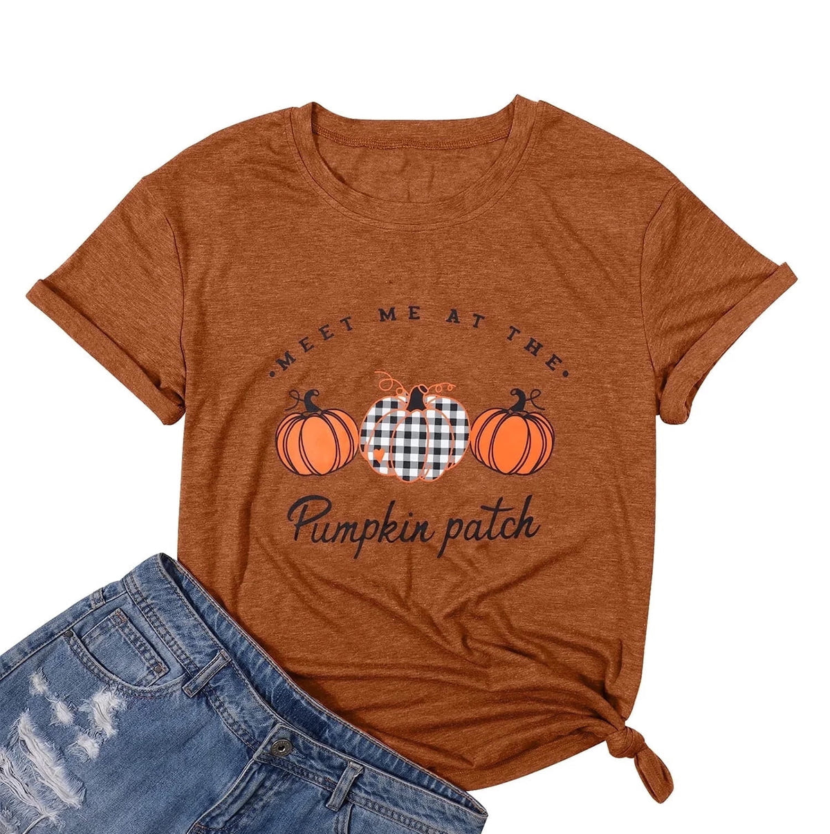 KimSoong Women Halloween Shirt Plaid Pumpkins Graphic Crew Neck Short Sleeve T-Shirts Tops