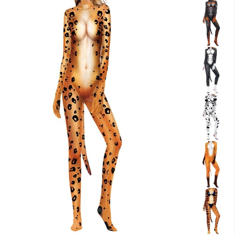 Krdevn Men 3D Animal Cosplay Bodysuit, Full‑Body Stretch Jumpsuit Costume with Tail for Halloween