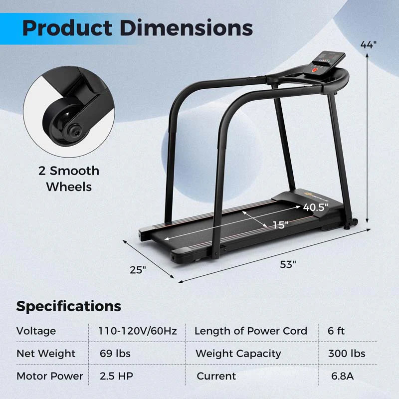 Walking Treadmill For Seniors With Long Handrails, 2.5 HP, 300 lbs Capacity, Black