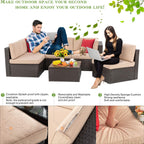 5-Piece All-Weather Wicker Patio Conversation Set With Ottoman And Cushions
