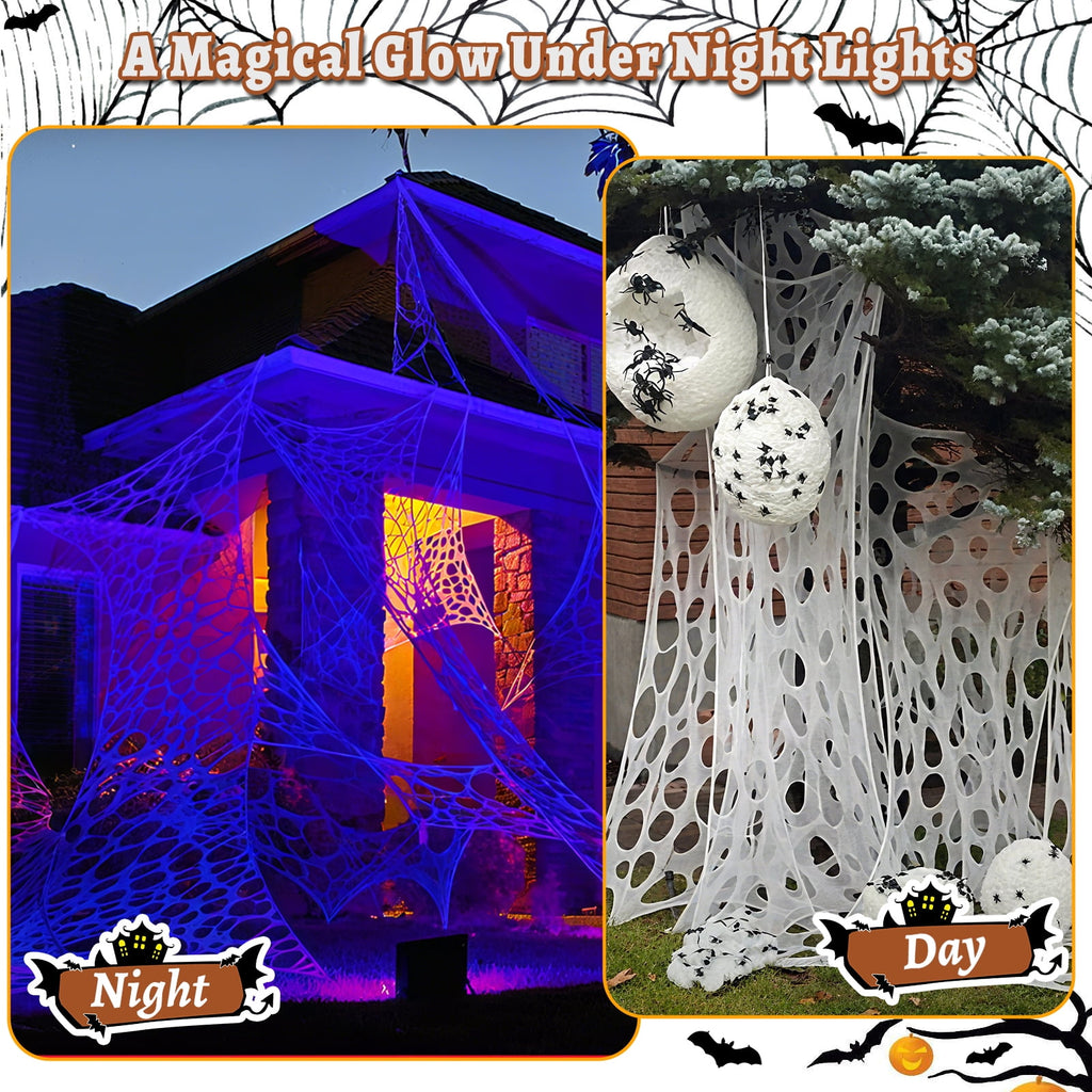 Yalumo 850 Sqft Spider Web Giant Beef Netting Halloween Decorations, 23 x 4.6Ft Pre-Cut Gauze Stretchy Spider Webs Glow Under Blacklight