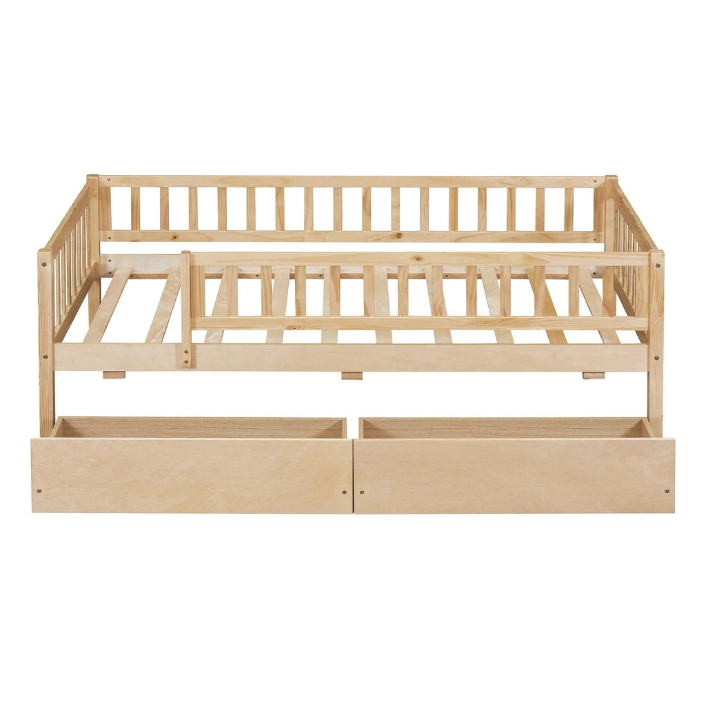 Holaki Twin Size Wood Kids' Bed With Guardrails And 2 Storage Drawers, Gray