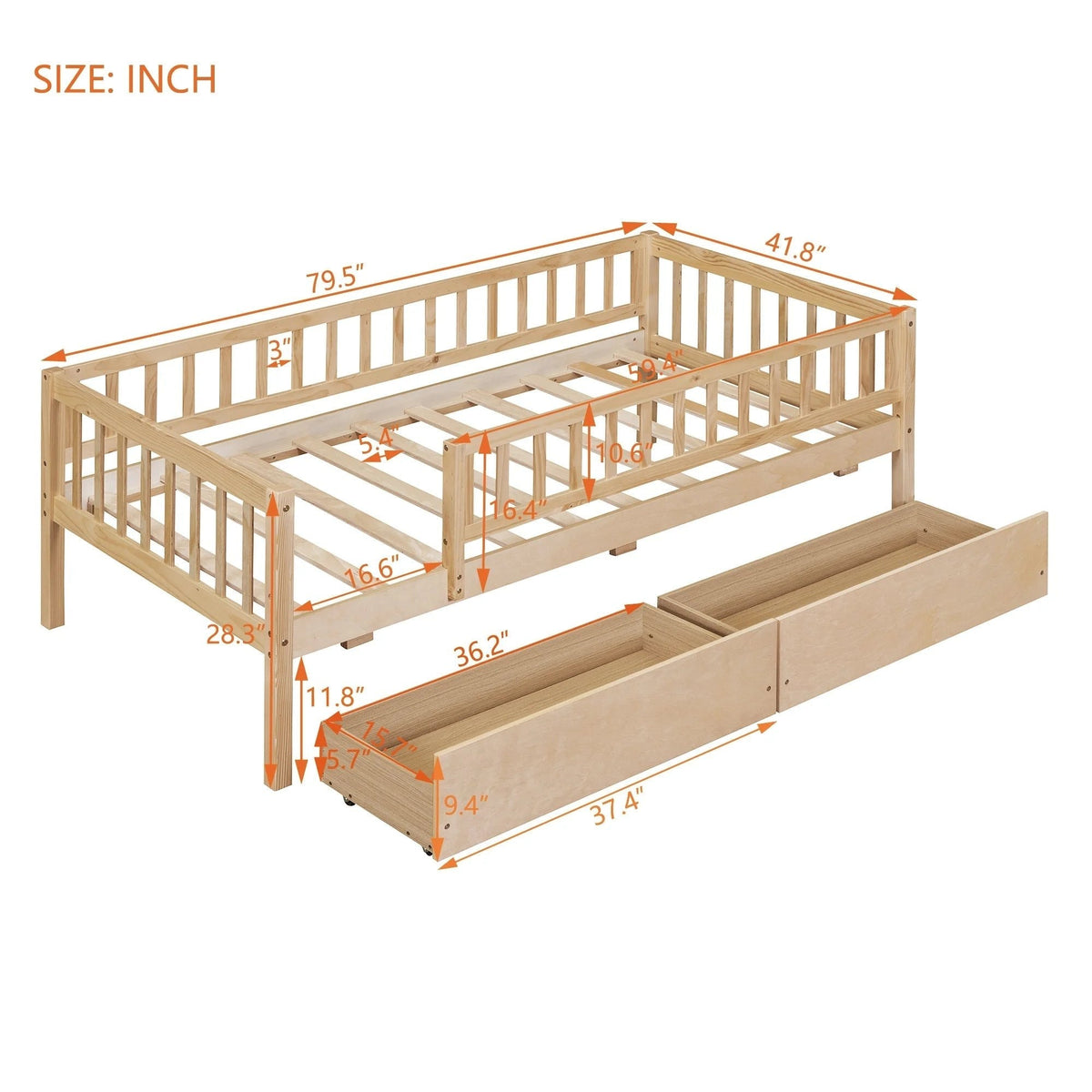 Holaki Twin Size Wood Kids' Bed With Guardrails And 2 Storage Drawers, Gray