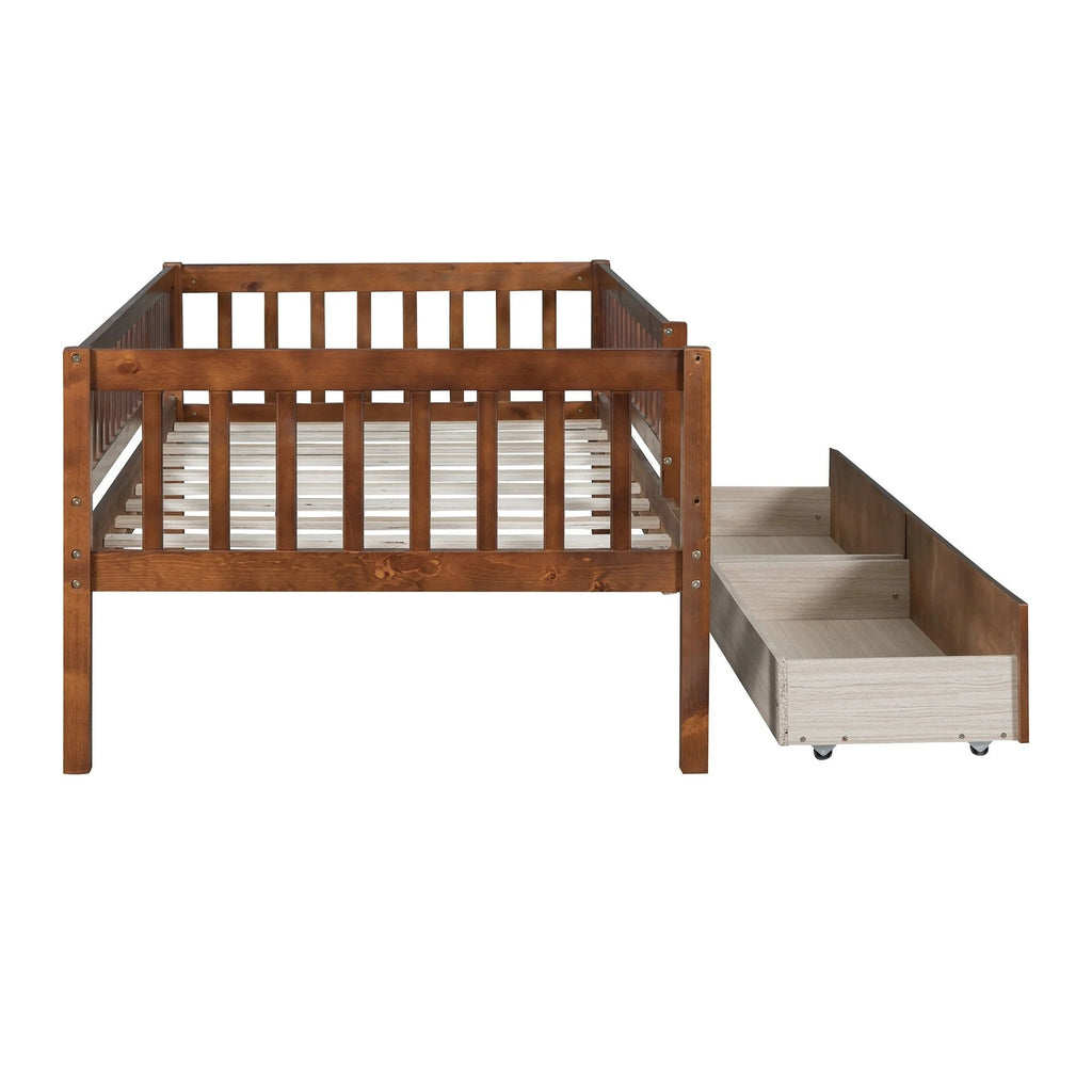 Holaki Twin Size Wood Kids' Bed With Guardrails And 2 Storage Drawers, Gray