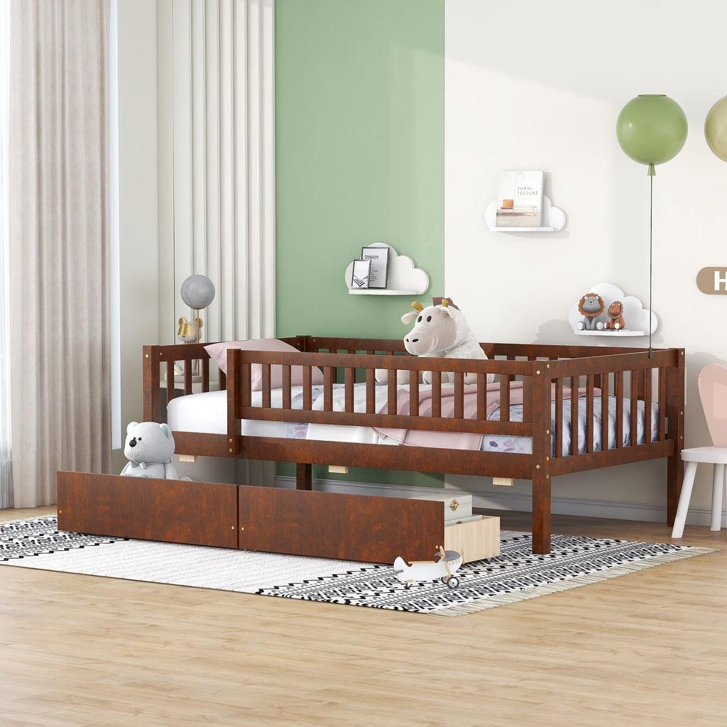 Holaki Twin Size Wood Kids' Bed With Guardrails And 2 Storage Drawers, Gray