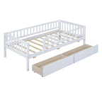 Holaki Twin Size Wood Kids' Bed With Guardrails And 2 Storage Drawers, Gray