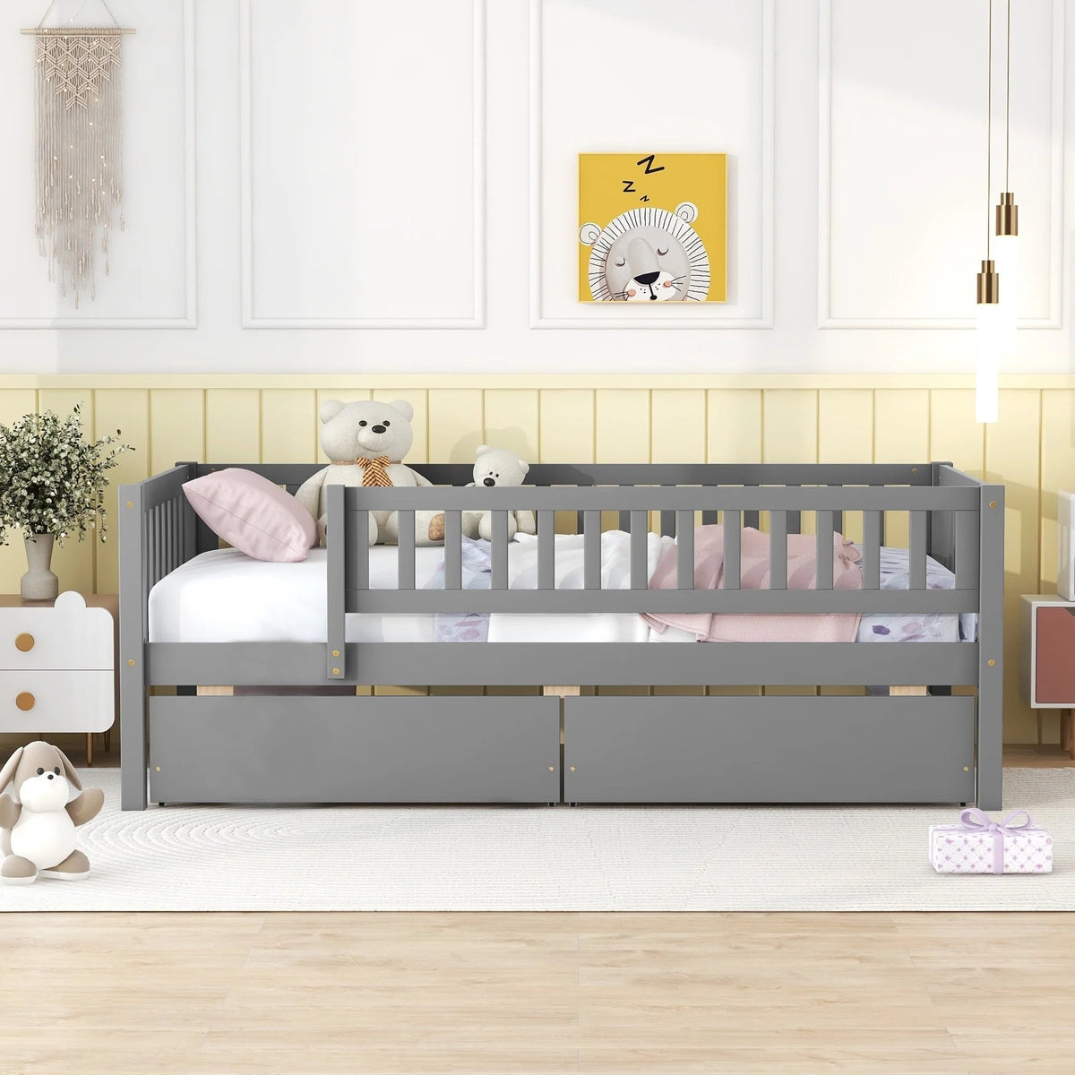Holaki Twin Size Wood Kids' Bed With Guardrails And 2 Storage Drawers, Gray