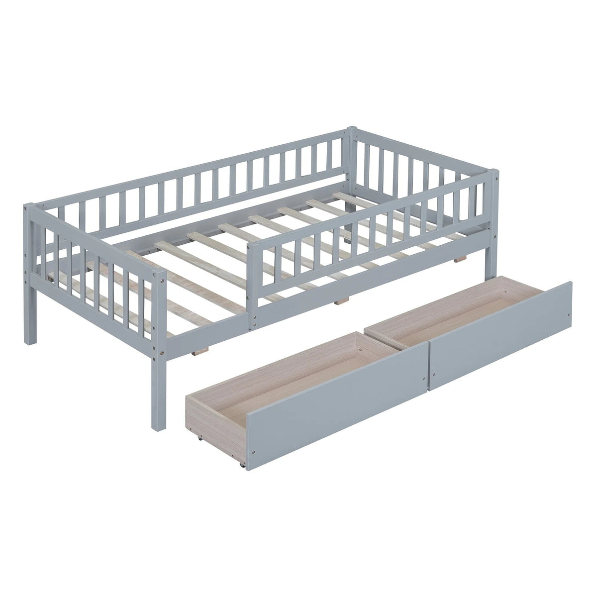 Holaki Twin Size Wood Kids' Bed With Guardrails And 2 Storage Drawers, Gray