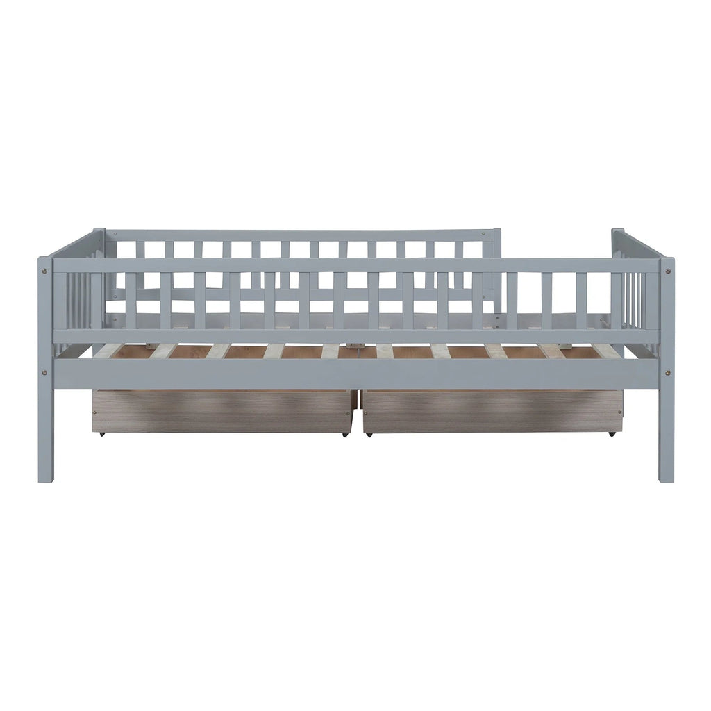 Holaki Twin Size Wood Kids' Bed With Guardrails And 2 Storage Drawers, Gray