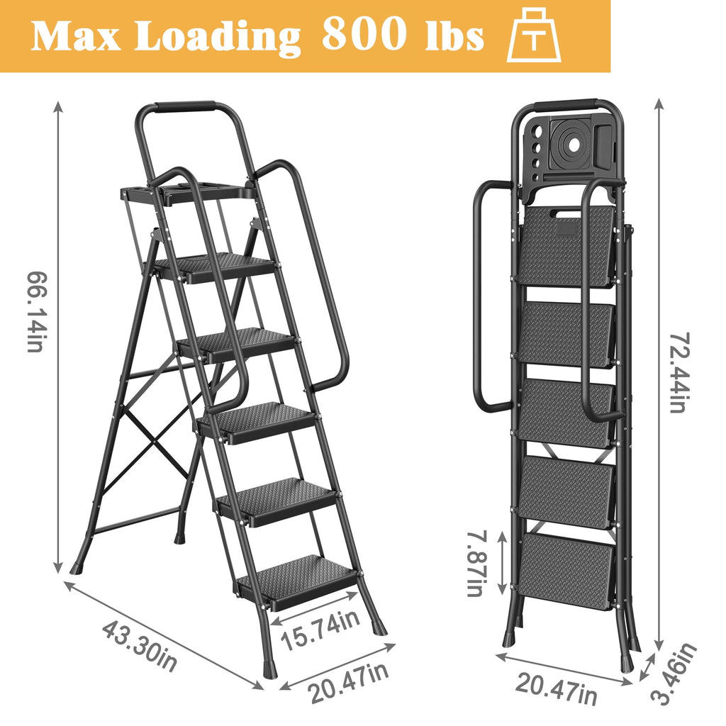 JOZ 5-Step Ladder, 800lbs Portable Folding Ladders for Home, with Handrails and Tool Tray and Anti-Slip Pedal, Black