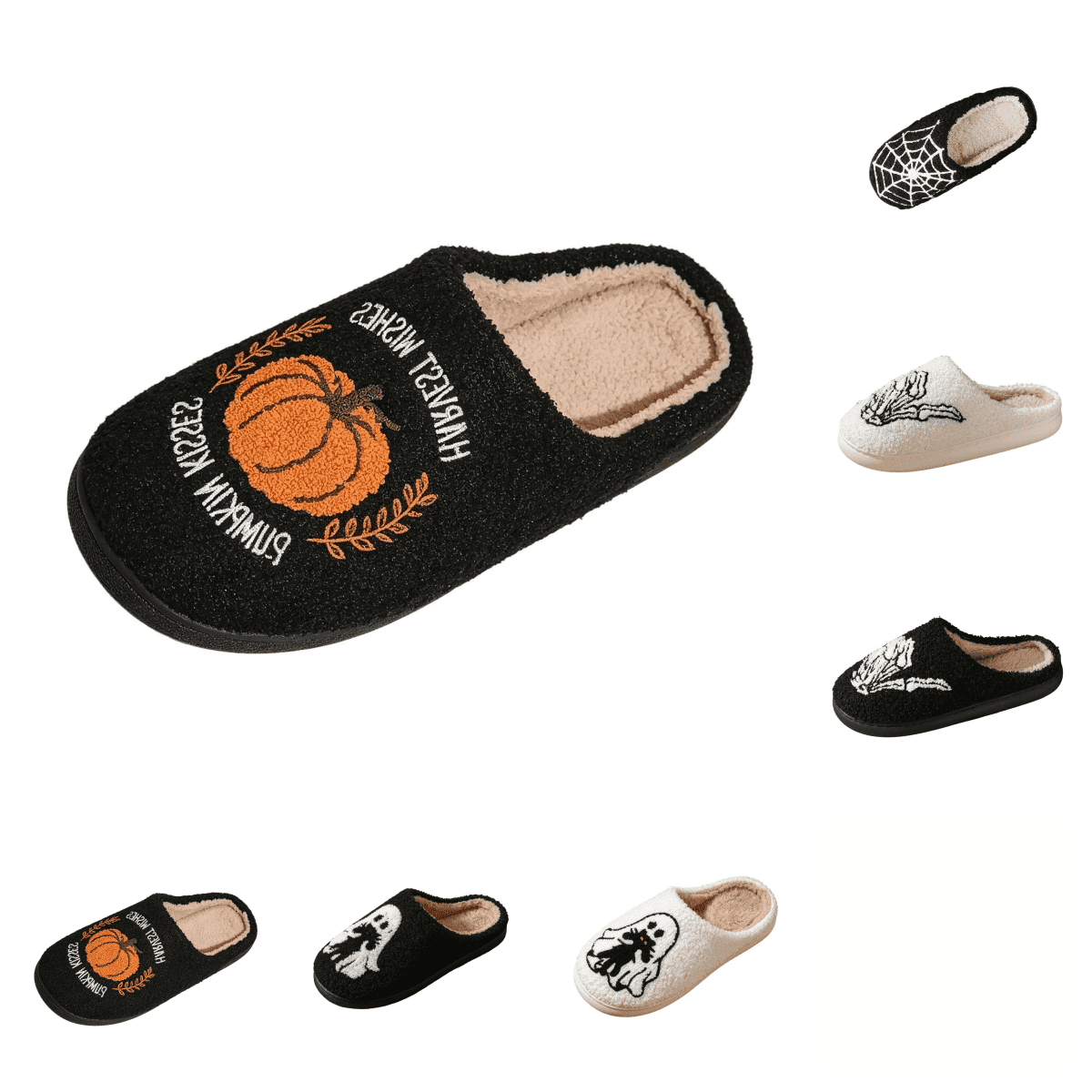 SAWOBUUN Womens Mens Halloween Pumpkin Slippers Cozy Fuzzy Closed Toe House Slippers Fall Harvest Plush Warm Indoor Slippers