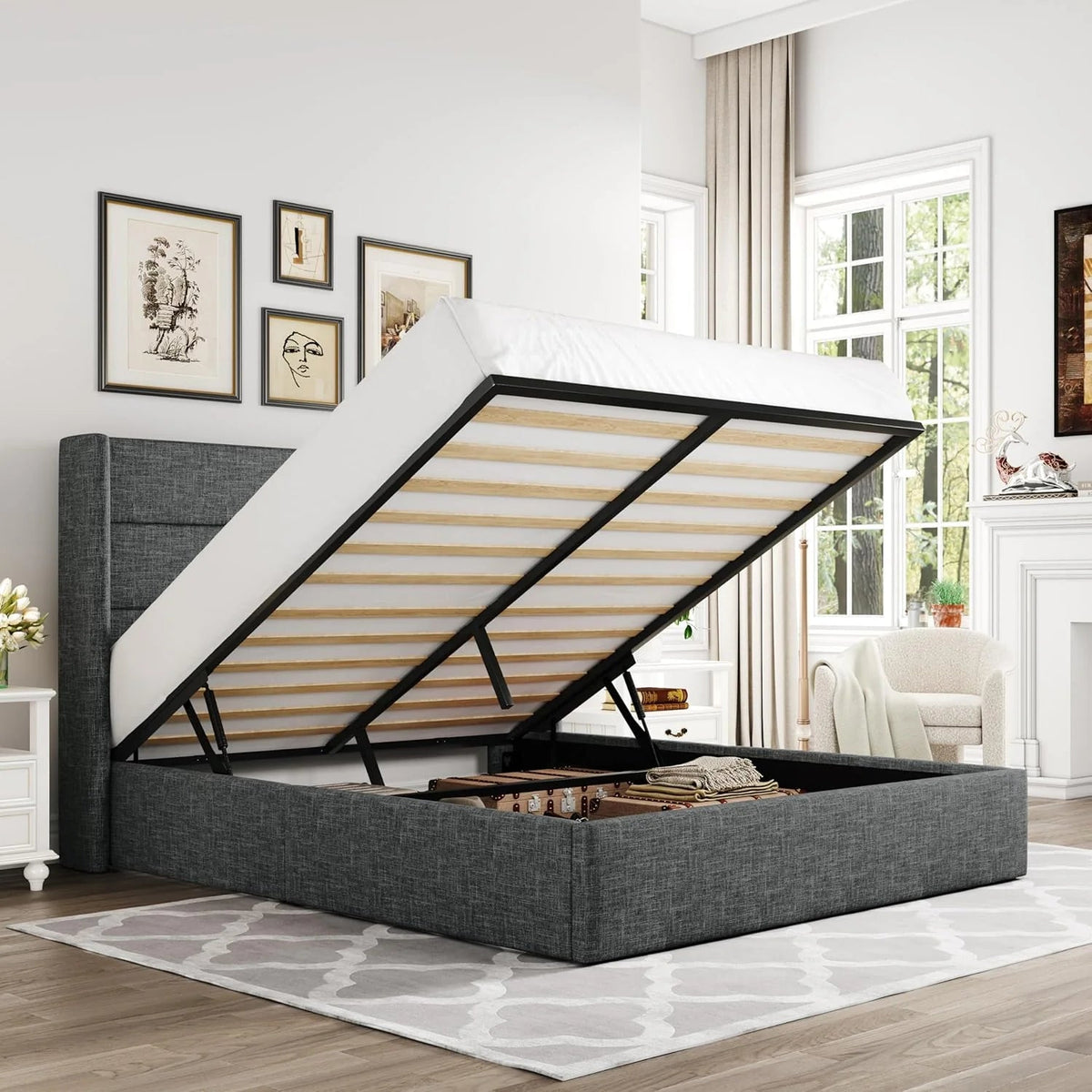 Allewie Queen Lift Up Storage Bed Frame With Wingback Headboard, Light Beige - 80.7 x 60.6 x 44.5 in