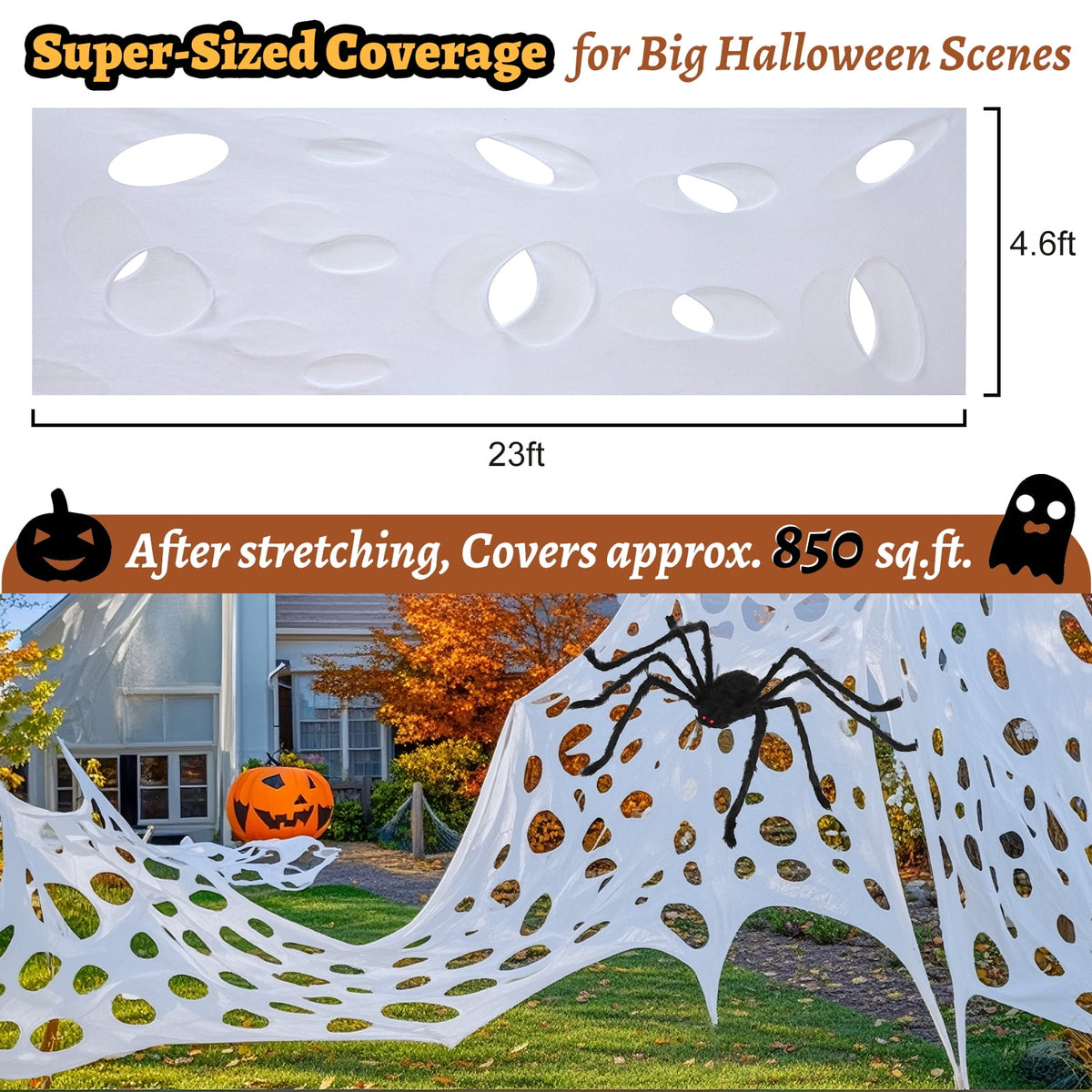 Yalumo 850 Sqft Spider Web Giant Beef Netting Halloween Decorations, 23 x 4.6Ft Pre-Cut Gauze Stretchy Spider Webs Glow Under Blacklight