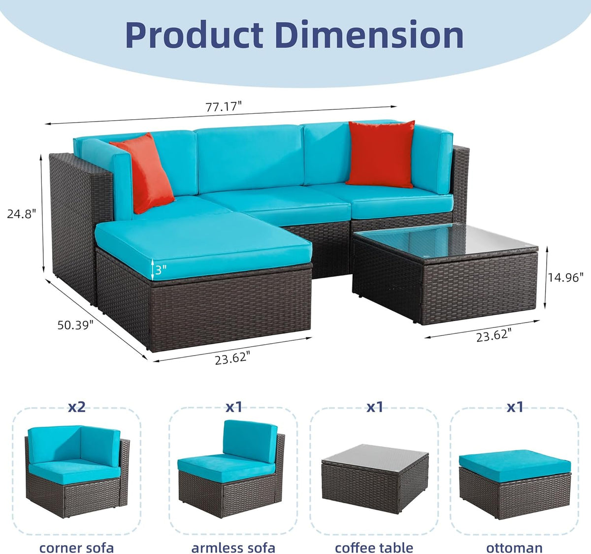 5-Piece All-Weather Wicker Patio Conversation Set With Ottoman And Cushions