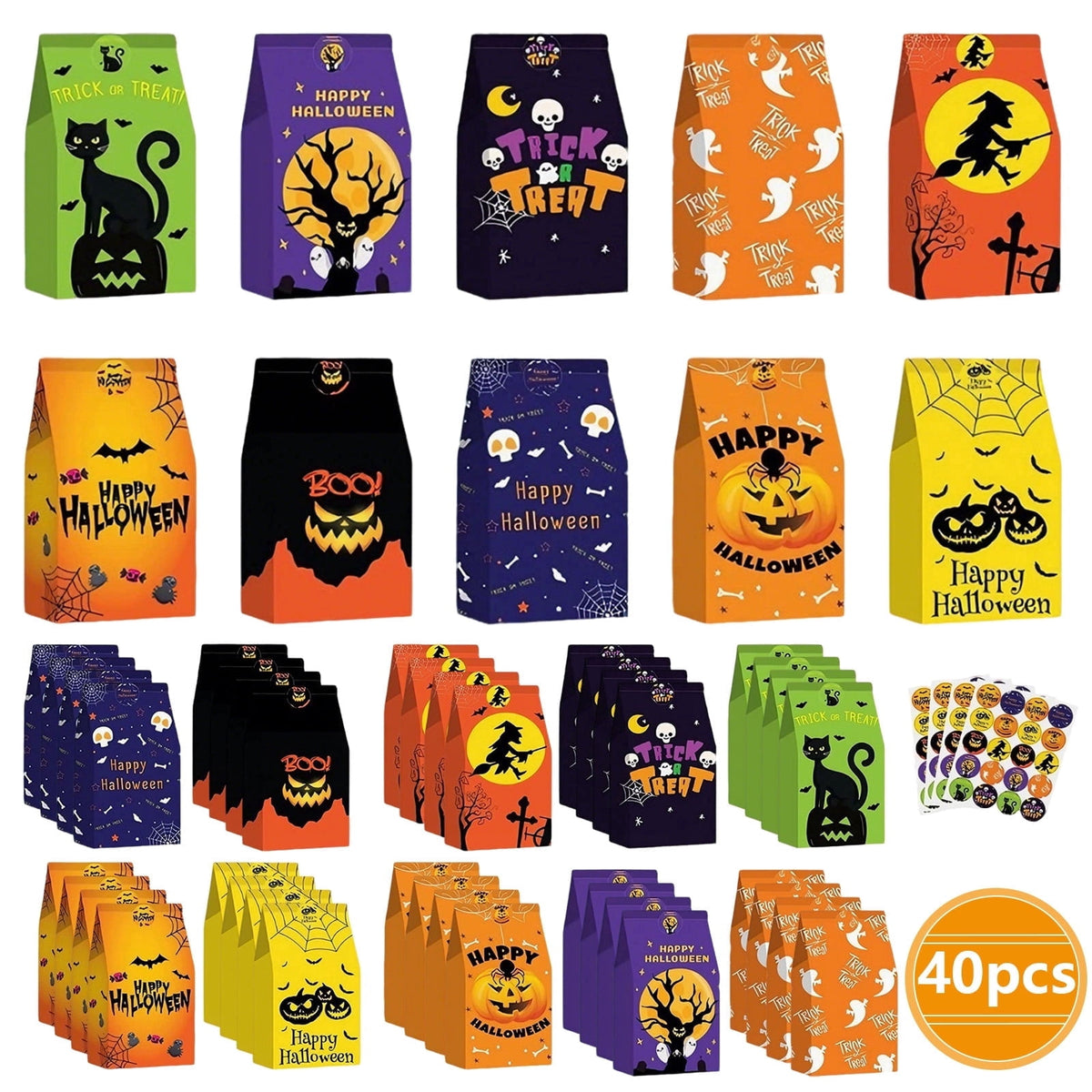 AGCAN 40 Pcs Halloween Treat Bags, Paper Goodie Bag with 48 Stickers, 10 Design, Party Favor Bags for Gifts, Halloween, Party